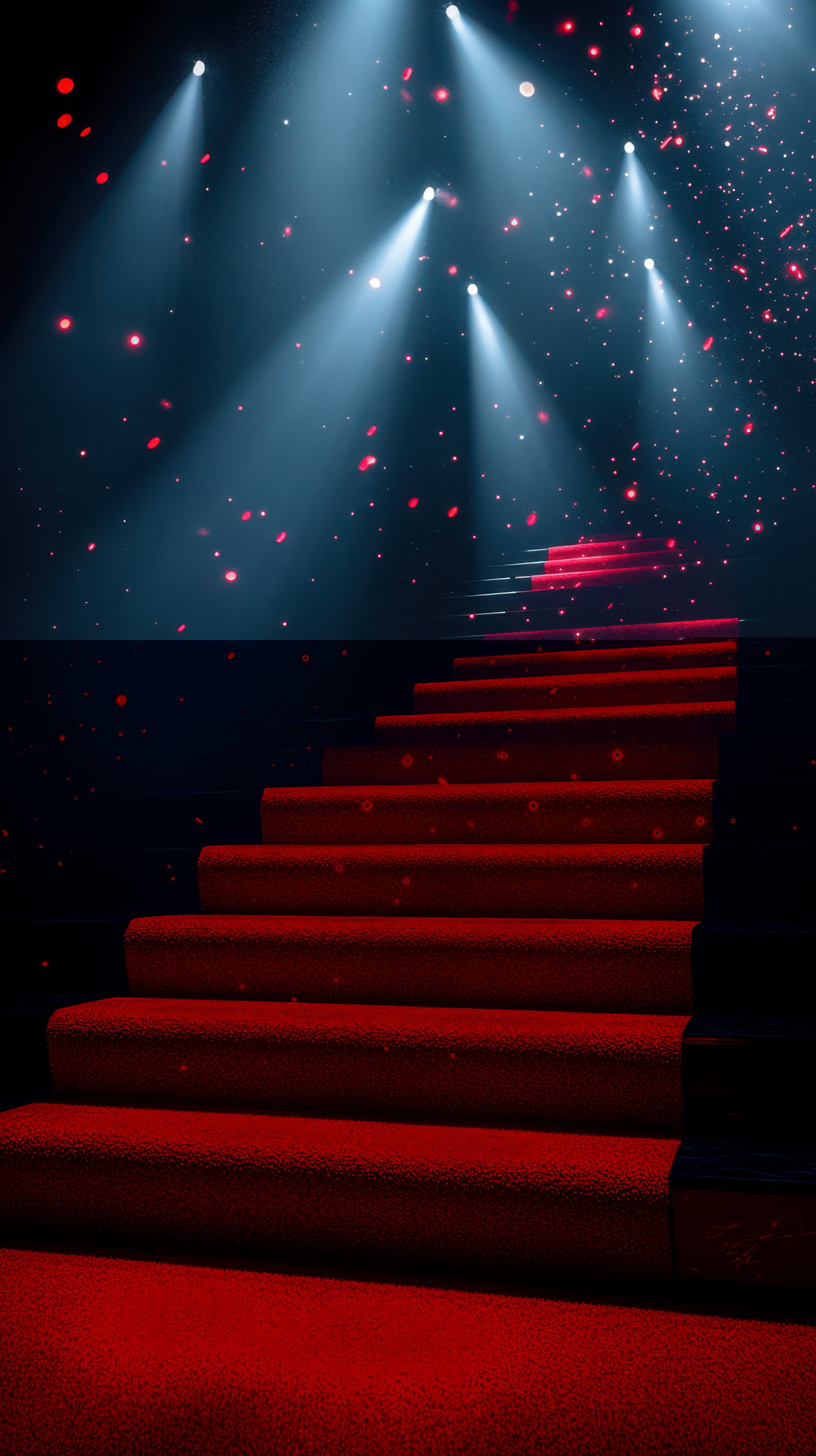 Elegant red carpet stairs illuminated by soft lights create a dramatic atmosphere for an event